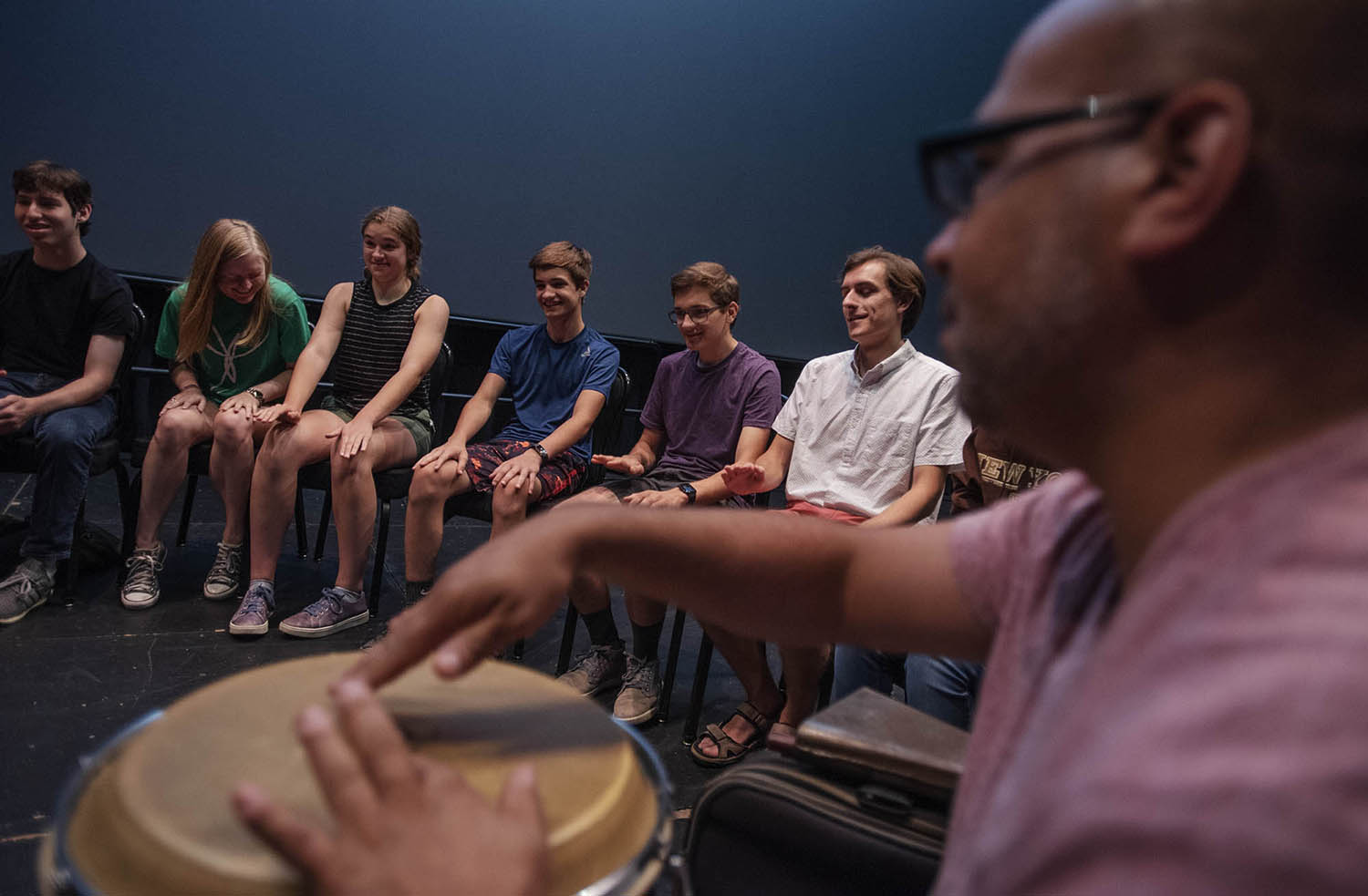 Broadway Camp musician students learn to play different instruments during a percussion workshop with Alex Torres in the GE Theatre Monday, July 29, 2019.
